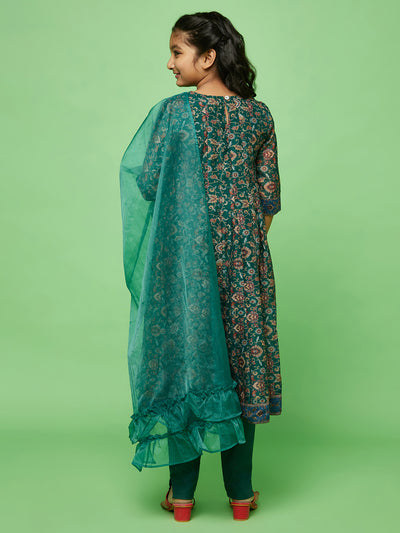 Green Floral Print Anarkali Pant With Dupatta