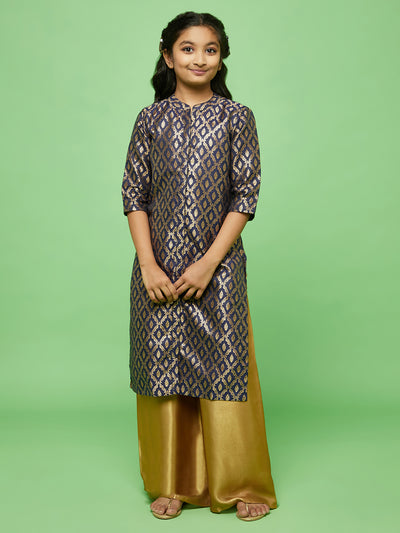 Navy Blue Floral Pattern Kurta With Palazzo