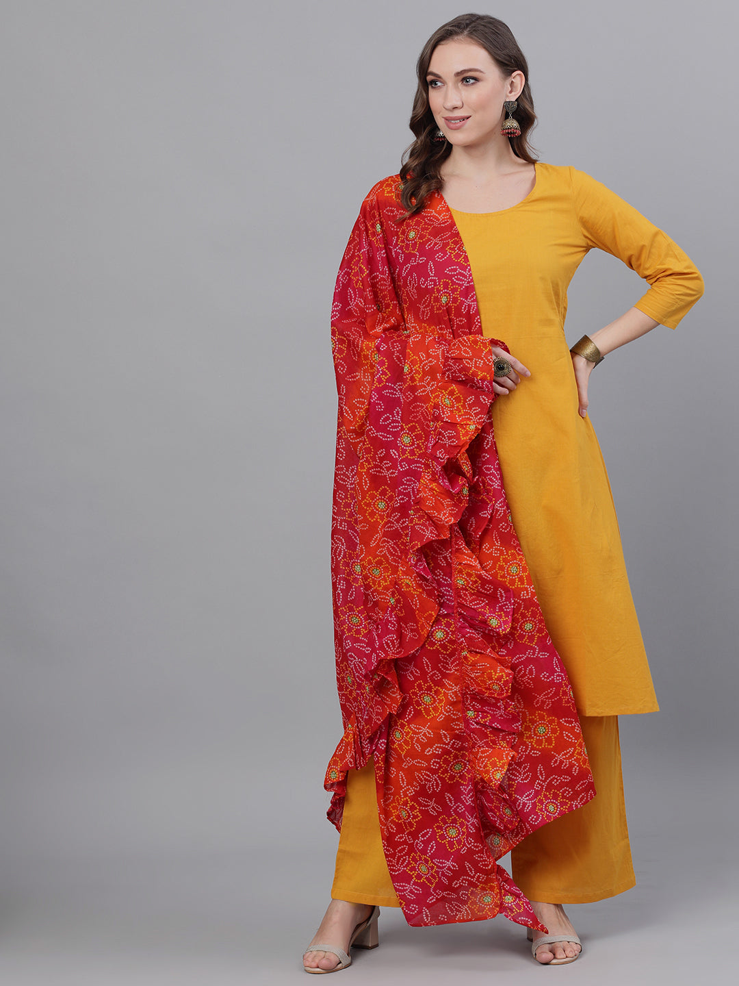 Mustard Kurta Palazzo With Printed Dupatta