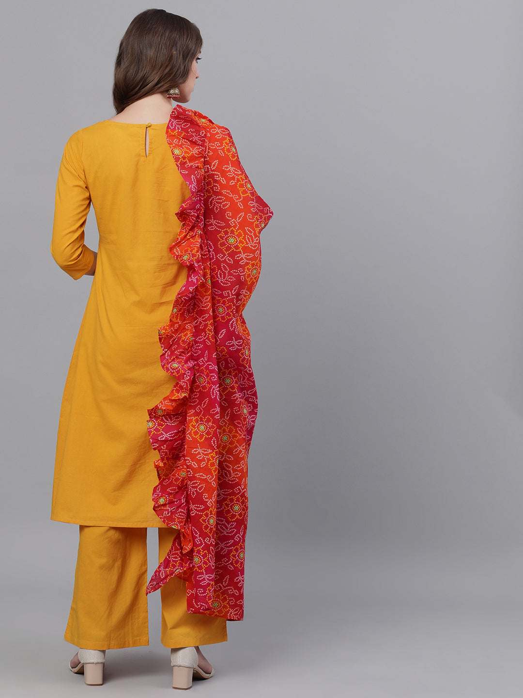 Mustard Kurta Palazzo With Printed Dupatta