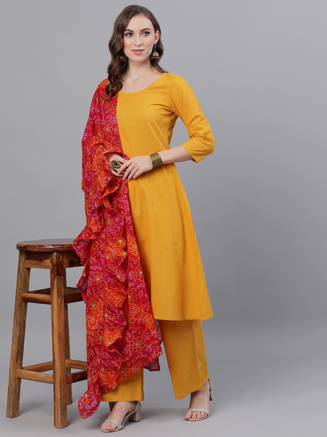 Mustard Kurta Palazzo With Printed Dupatta