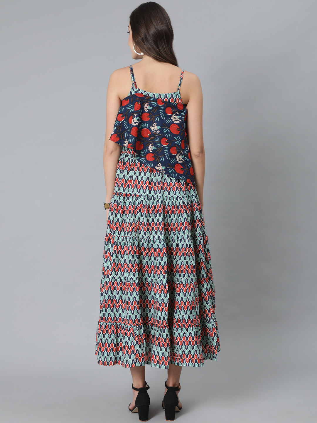 Blue Printed Maxi Dress With Cape Top