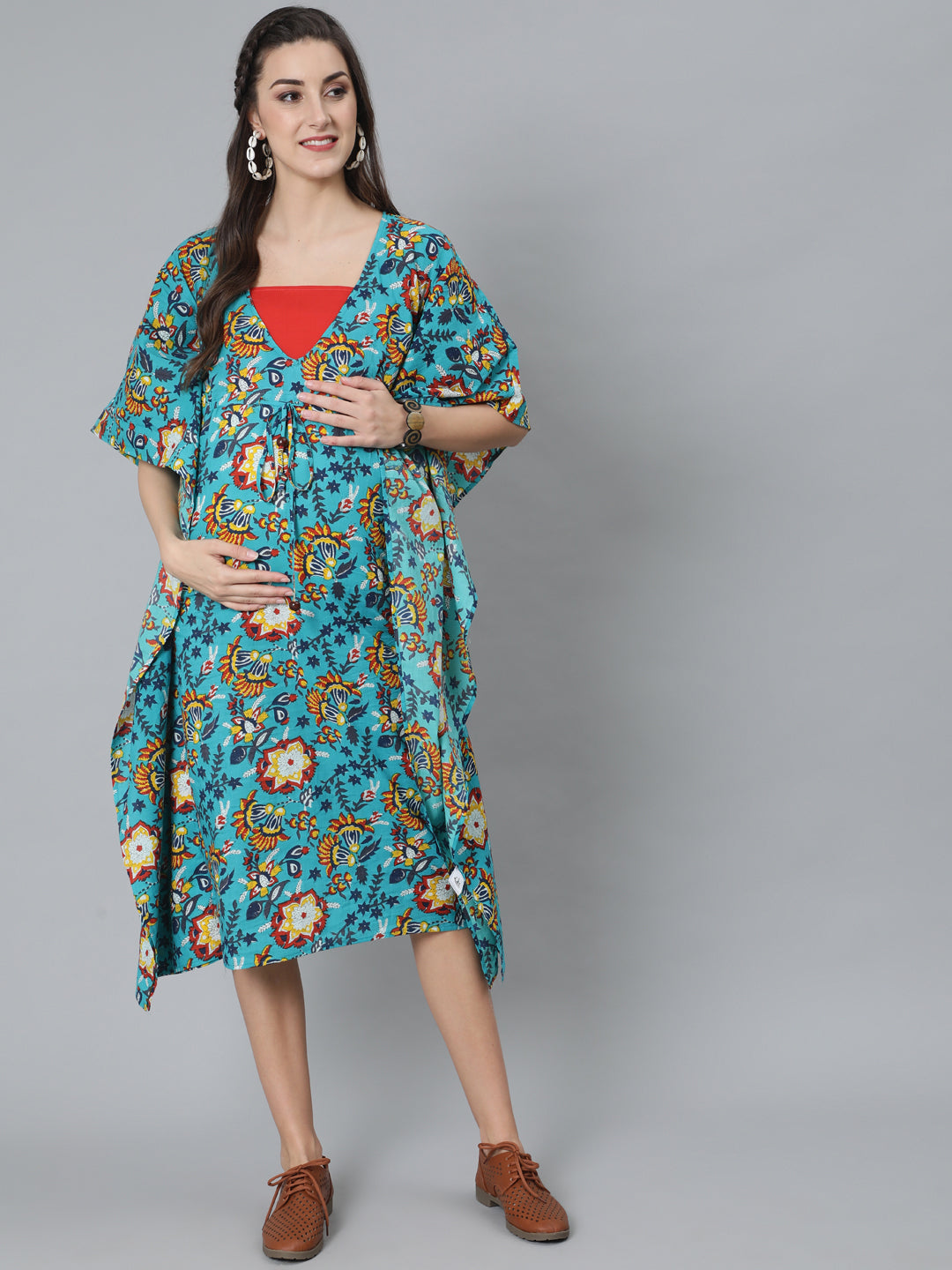 Green Floral Print Kaftan Dress