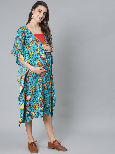 Green Floral Print Kaftan Dress