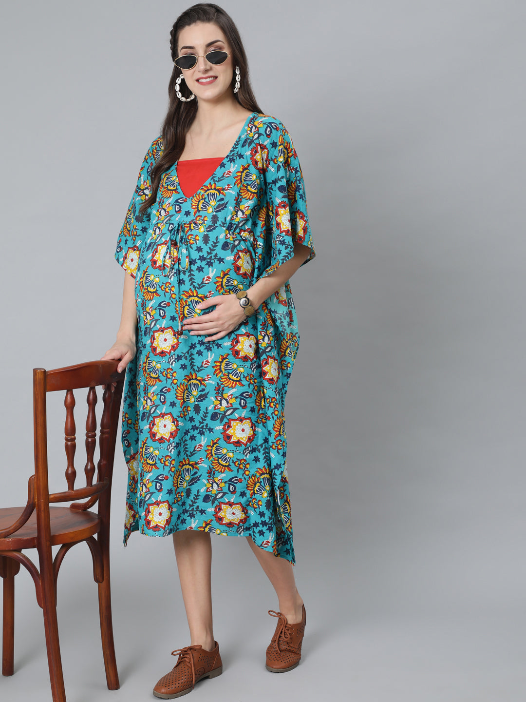 Green Floral Print Kaftan Dress