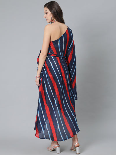 Blue Leheriya Print One Shoulder Dress