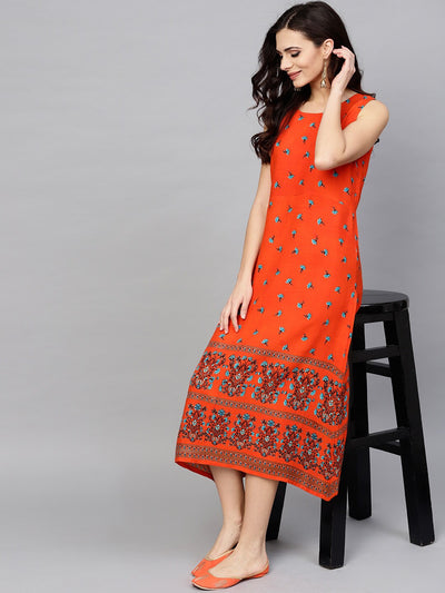 Orange Printed A-Line Dress