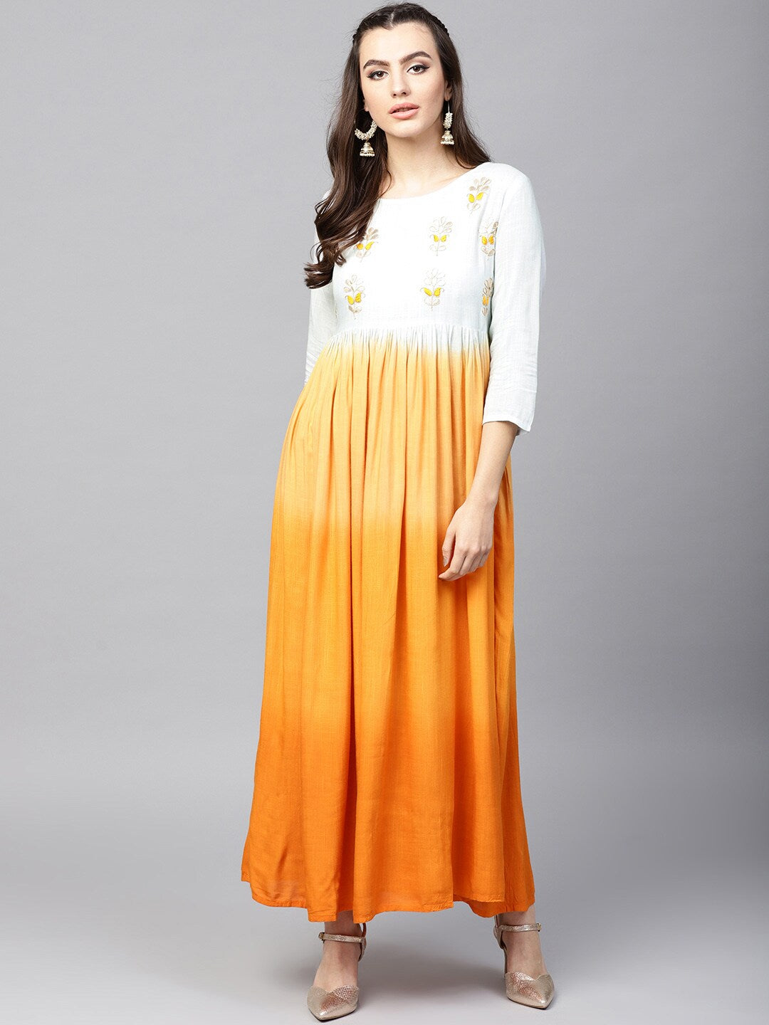 Orange & White Pleated Dress With Embroidered Yoke