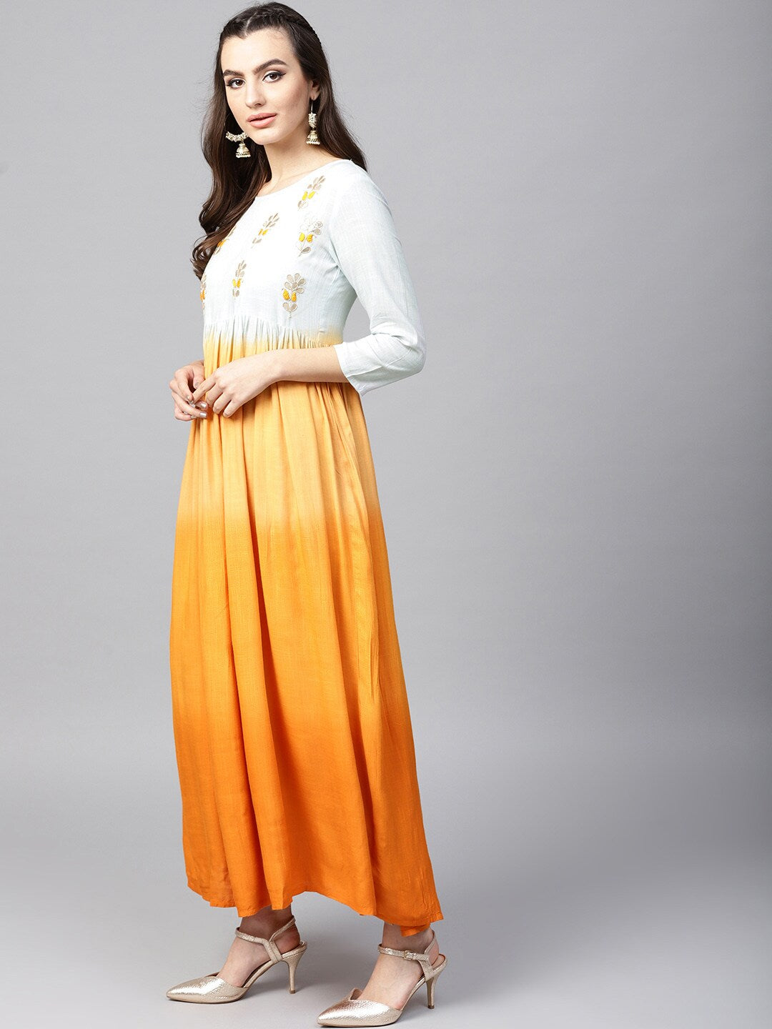 Orange & White Pleated Dress With Embroidered Yoke