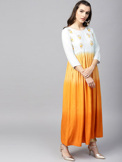 Orange & White Pleated Dress With Embroidered Yoke