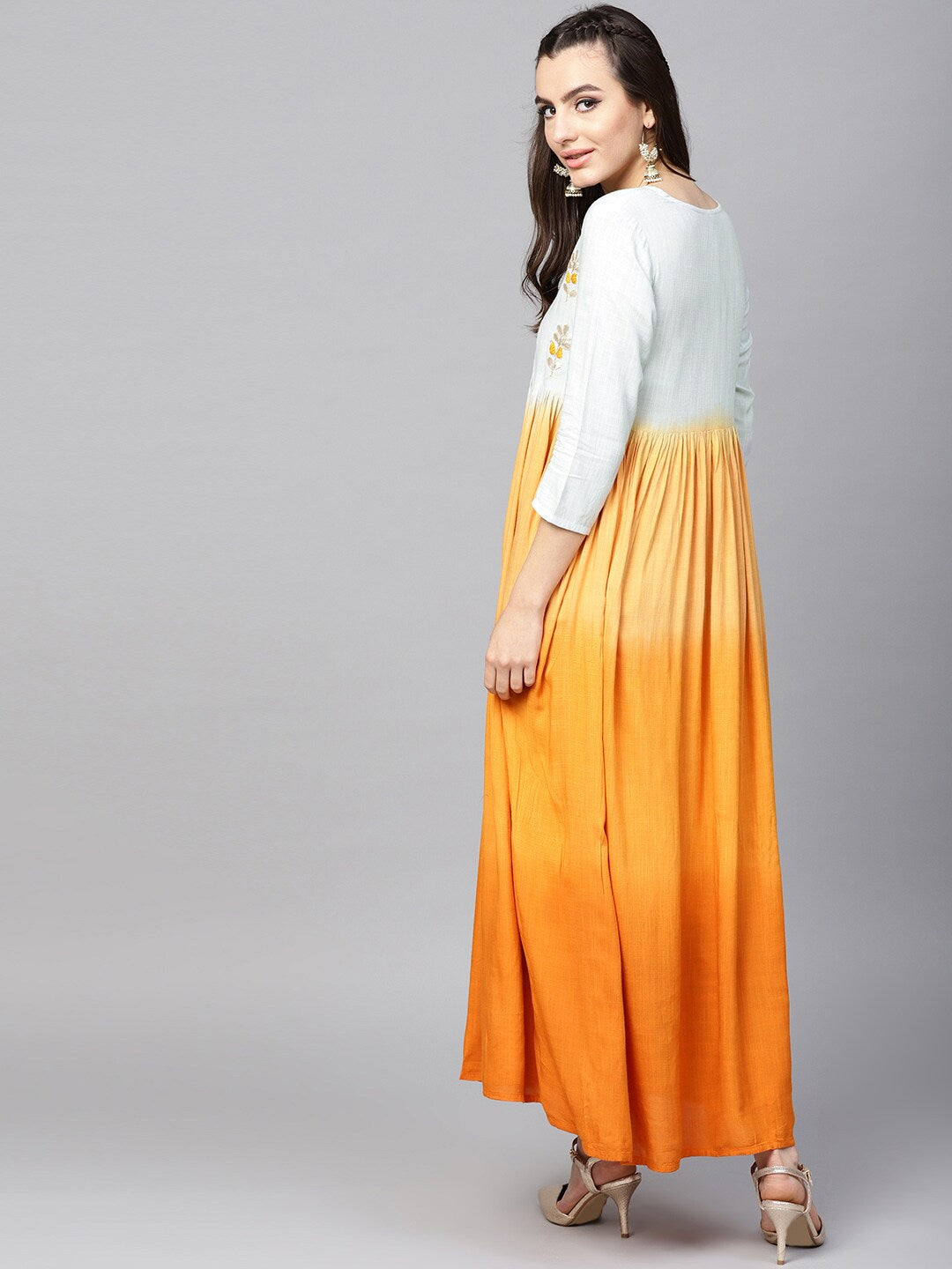 Orange & White Pleated Dress With Embroidered Yoke