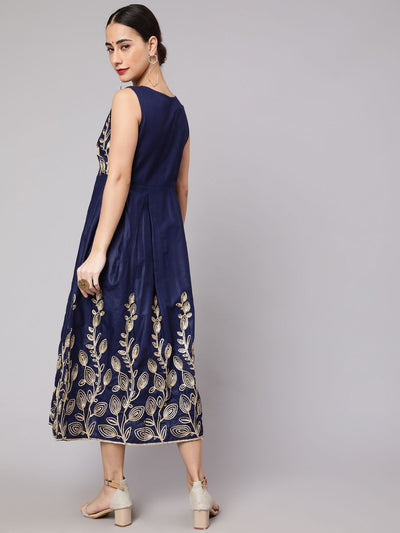 Navy Blue Embroidered Flared Shift Dress