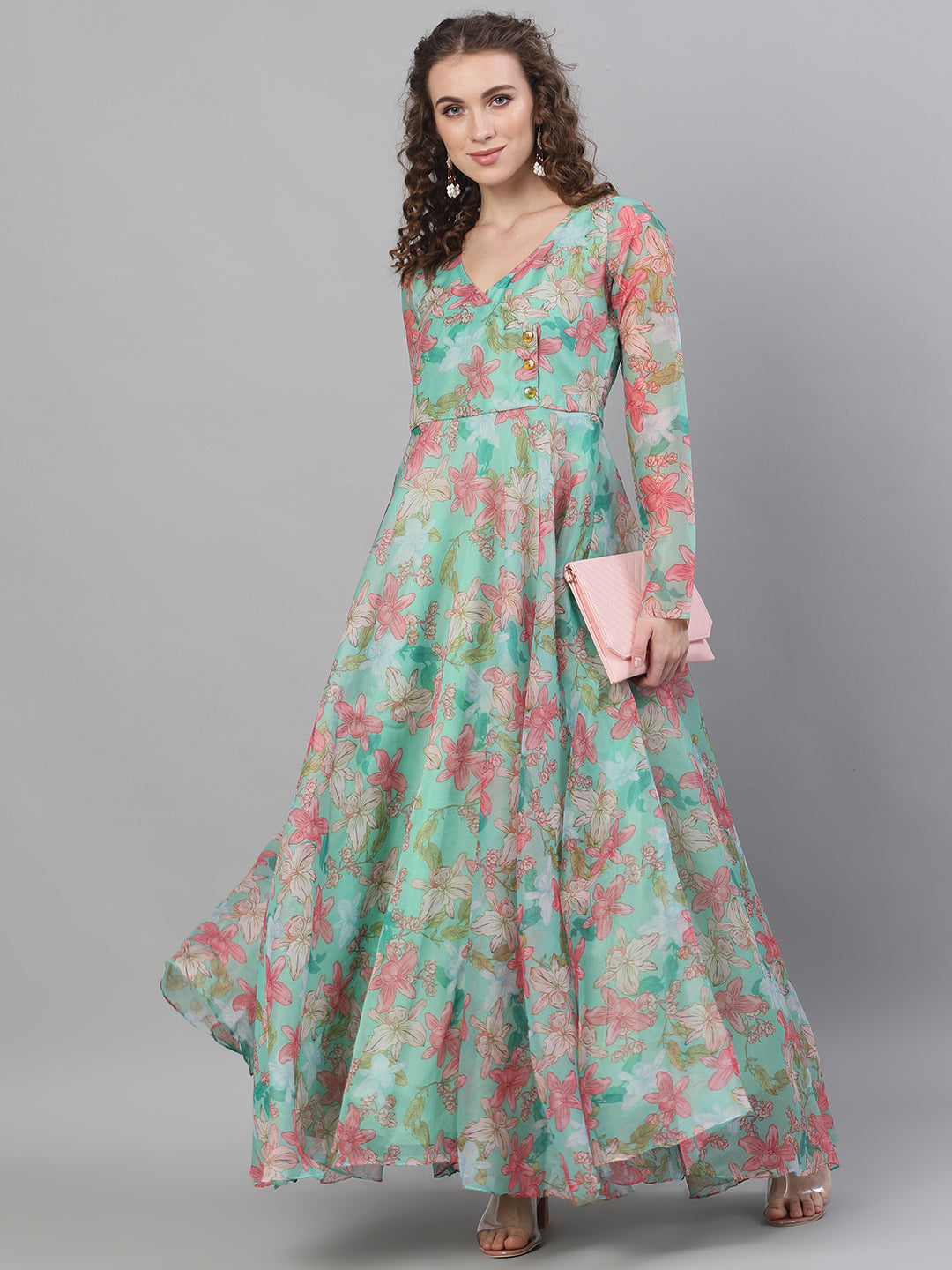 Green Floral Print Fit & Flare Dress