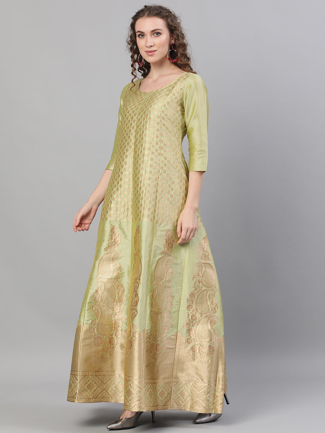 Gold Jacquard Zari Work Maxi Dress