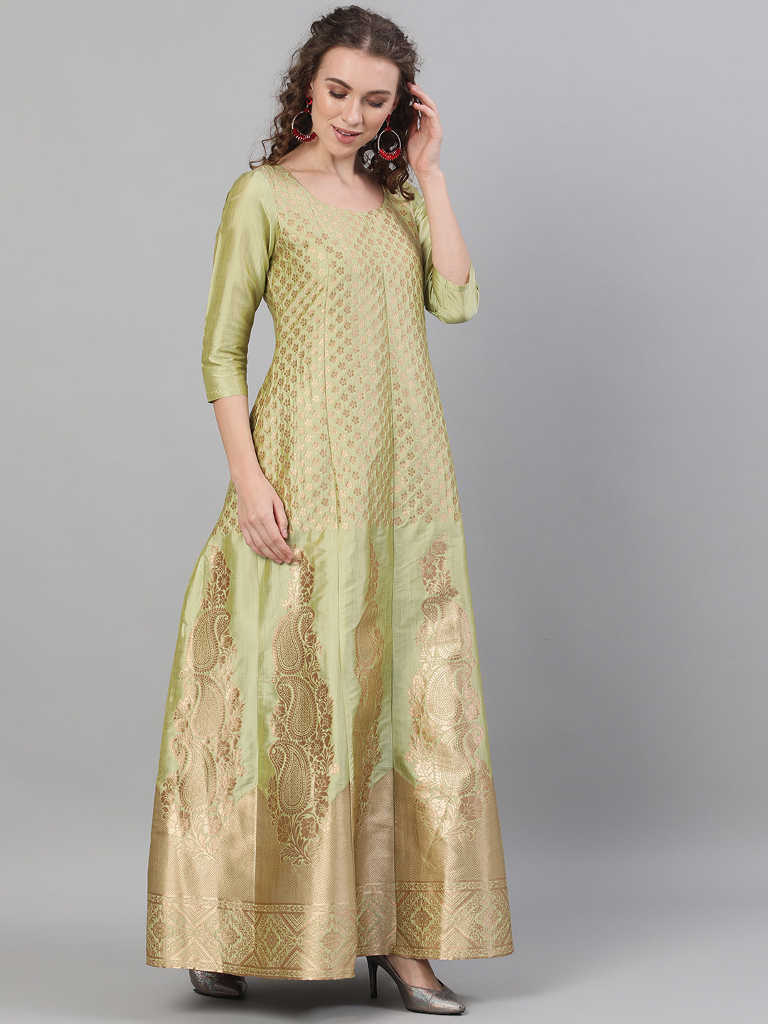 Gold Jacquard Zari Work Maxi Dress