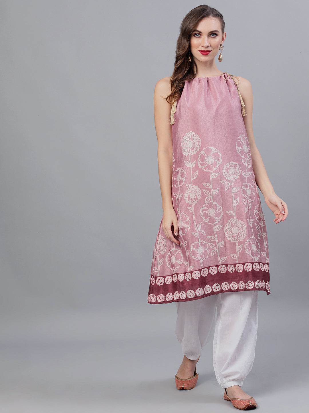 Purple Floral Print A-Line Kurta