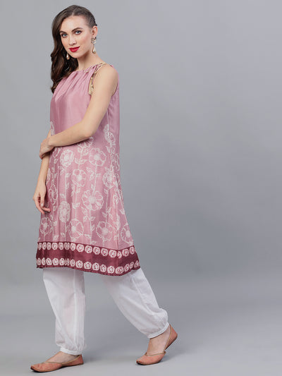 Purple Floral Print A-Line Kurta