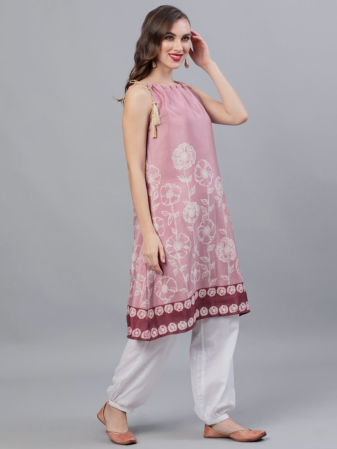 Purple Floral Print A-Line Kurta