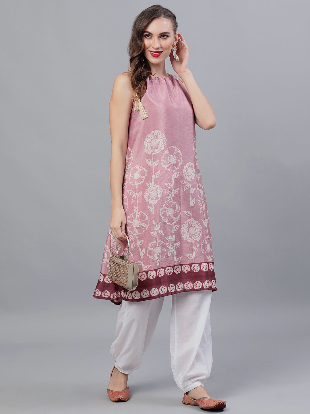 Purple Floral Print A-Line Kurta