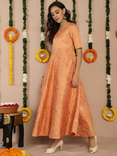 Peach Jacquard Flared Maxi Dress