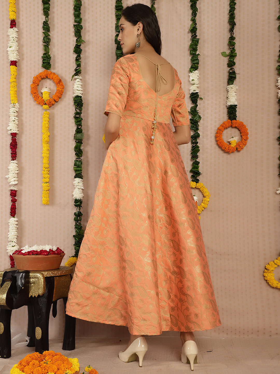 Peach Jacquard Flared Maxi Dress