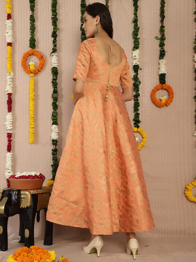 Peach Jacquard Flared Maxi Dress