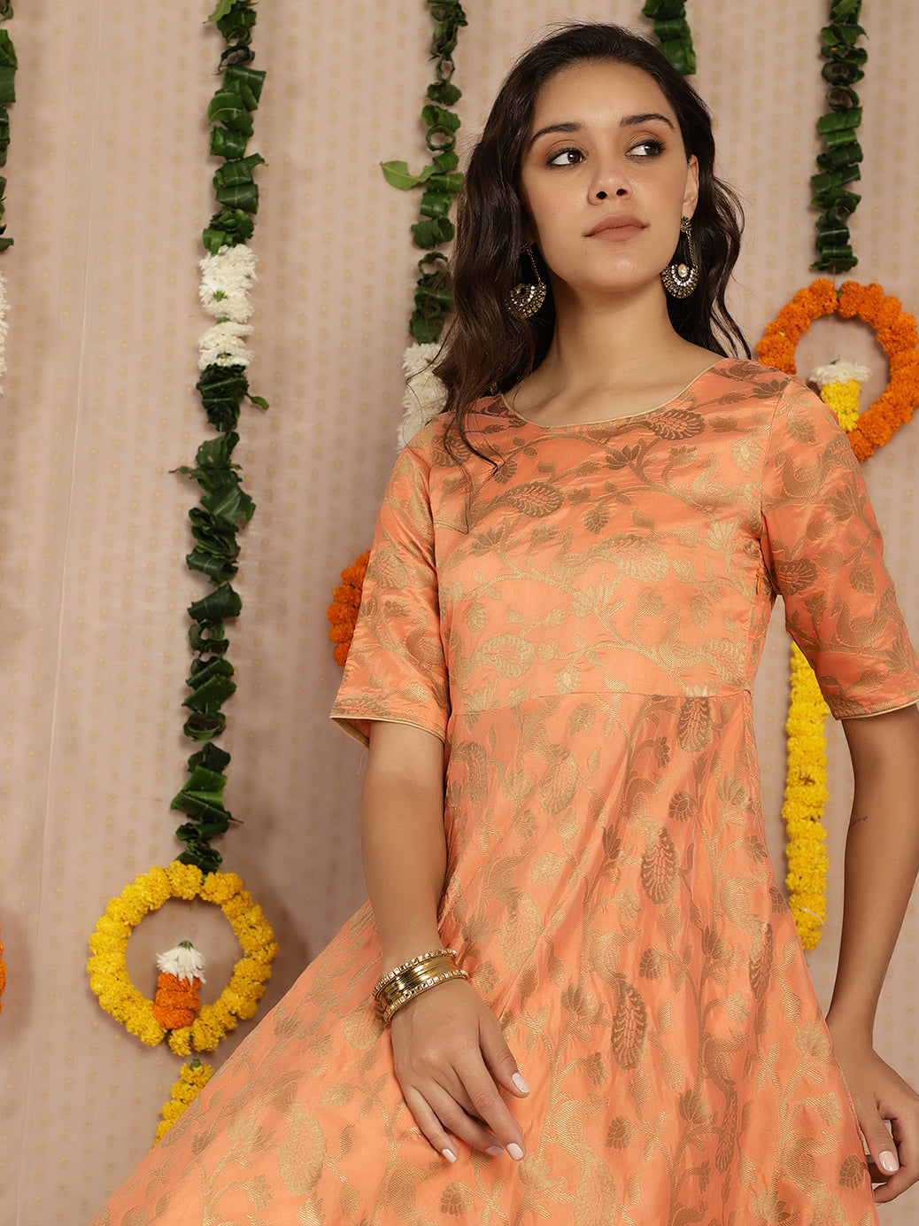 Peach Jacquard Flared Maxi Dress