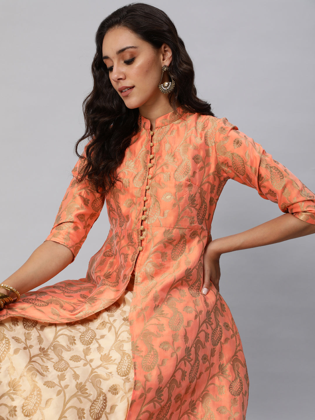 Peach Jacquard Front Open Jacket