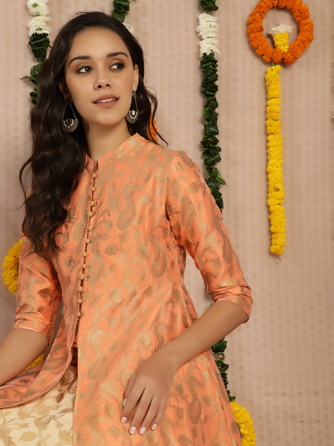 Peach Jacquard Front Open Jacket