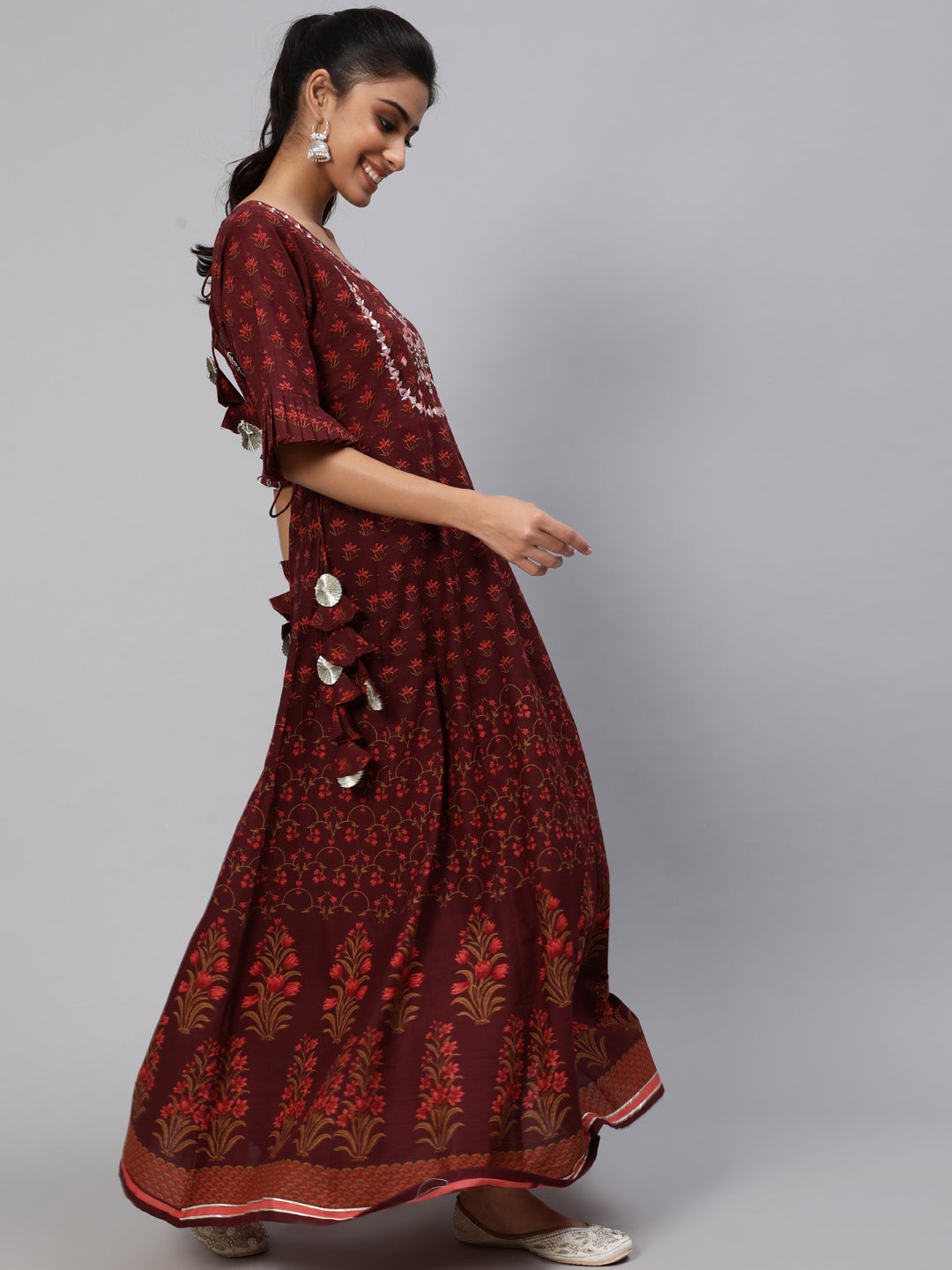 Maroon Floral Print Flared Maxi Dress