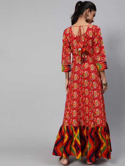 Red Maxi Dress With Embroidered Yoke