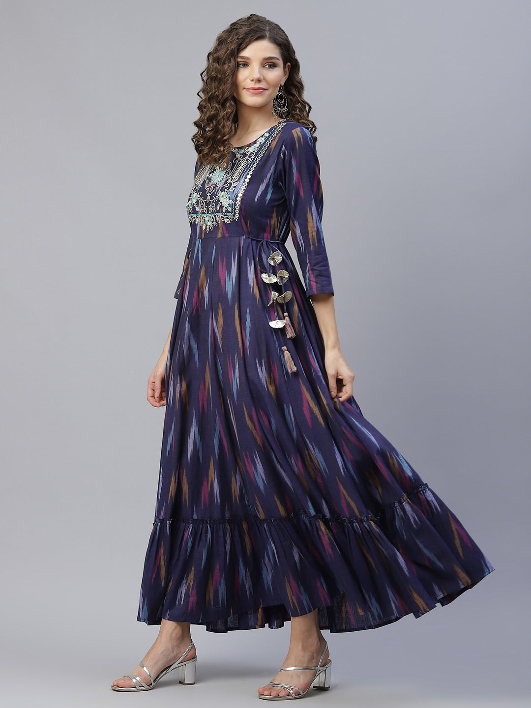 Blue Embroidered Flared Maxi Dress