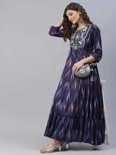 Blue Embroidered Flared Maxi Dress