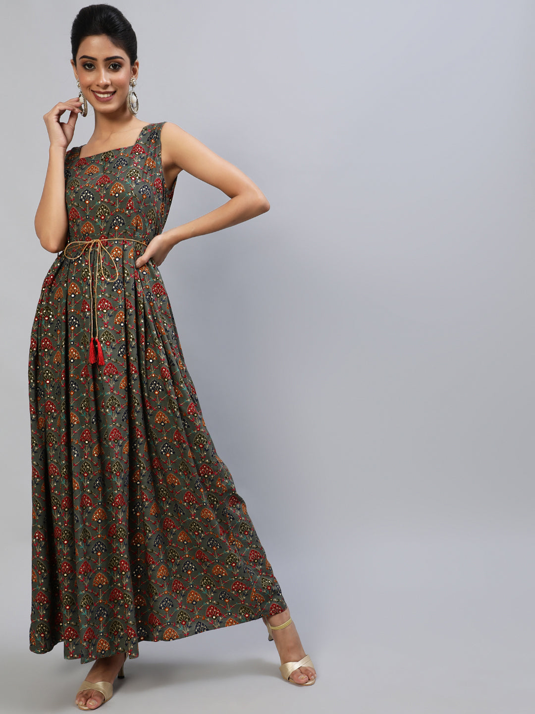 Grey Gold Printed Box Pleated Maxi Dress