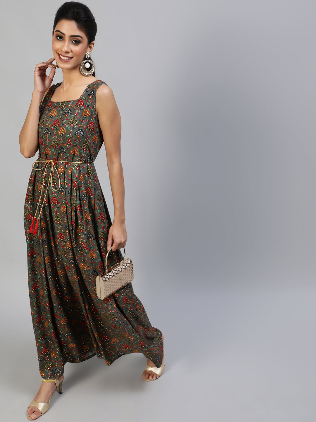 Grey Gold Printed Box Pleated Maxi Dress