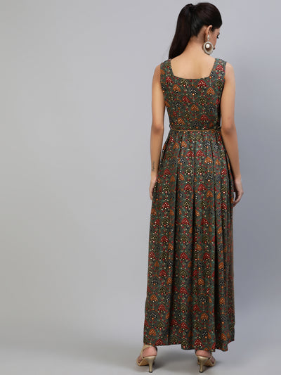 Grey Gold Printed Box Pleated Maxi Dress