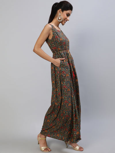 Grey Gold Printed Box Pleated Maxi Dress