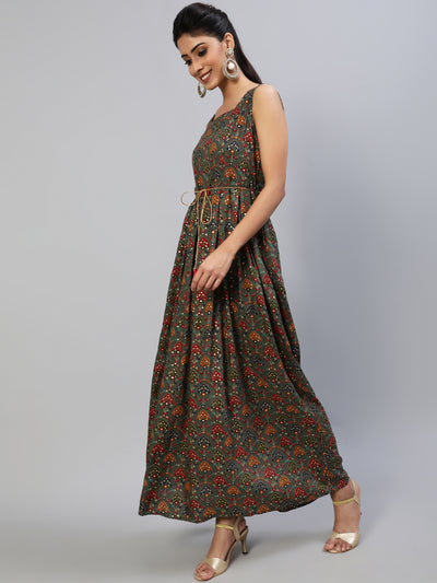 Grey Gold Printed Box Pleated Maxi Dress