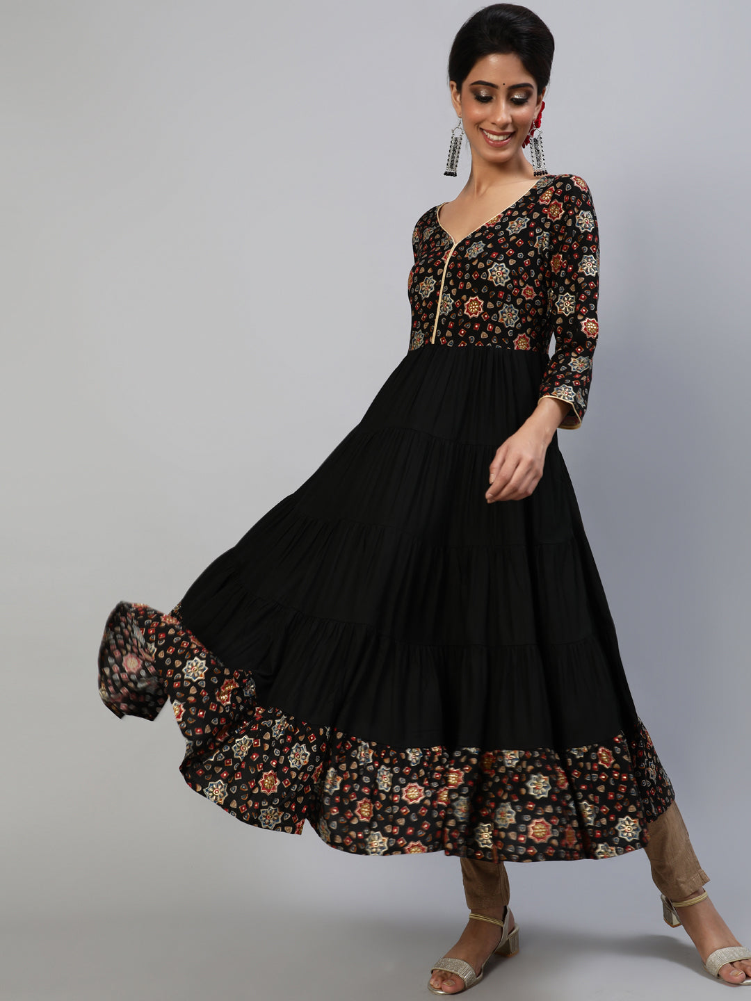 Black Gold Printed Tiered Anarkali