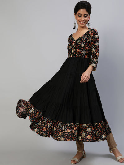 Black Gold Printed Tiered Anarkali