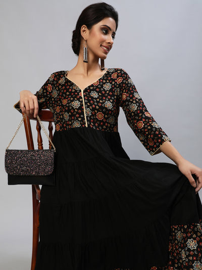 Black Gold Printed Tiered Anarkali