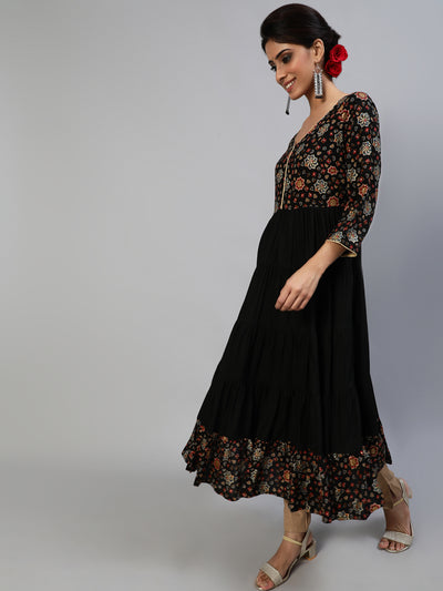 Black Gold Printed Tiered Anarkali