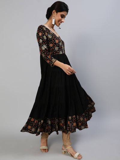 Black Gold Printed Tiered Anarkali