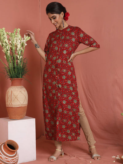 Red Gold Print Button Down Kurta