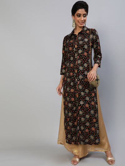 Black Gold Printed Button Down Kurta