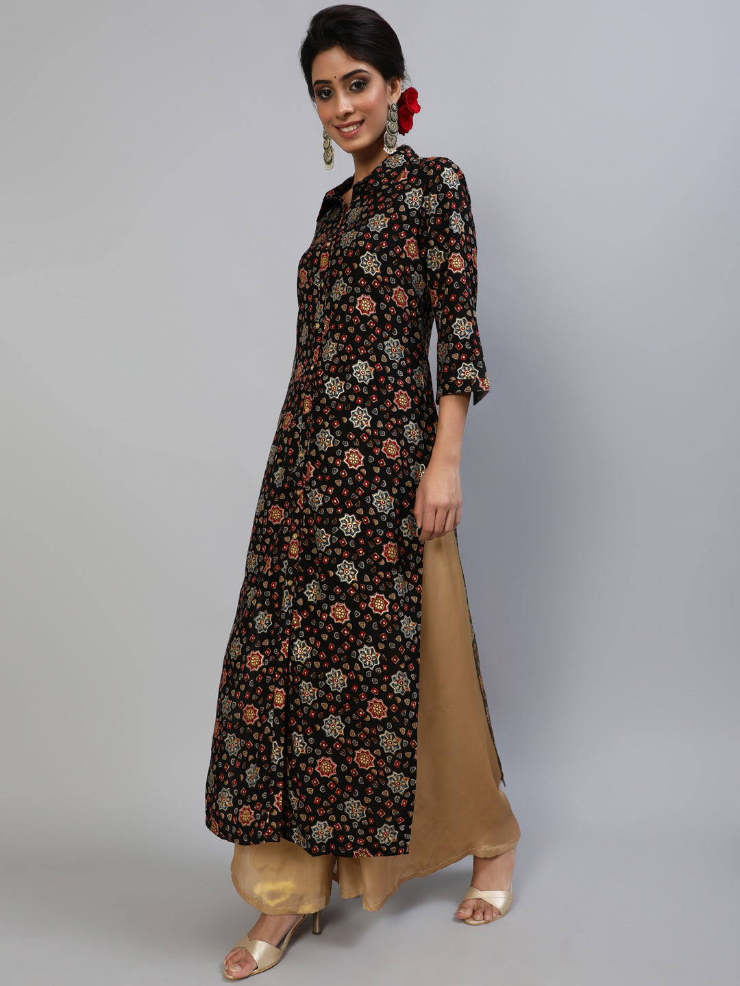 Black Gold Printed Button Down Kurta