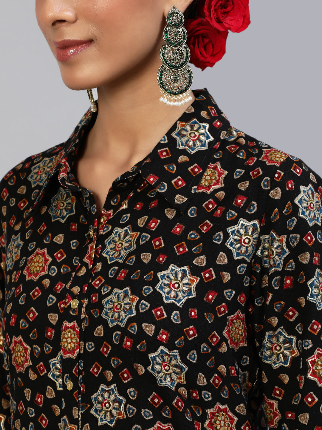 Black Gold Printed Button Down Kurta