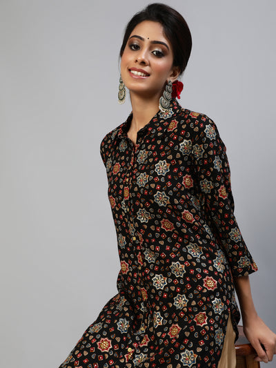 Black Gold Printed Button Down Kurta