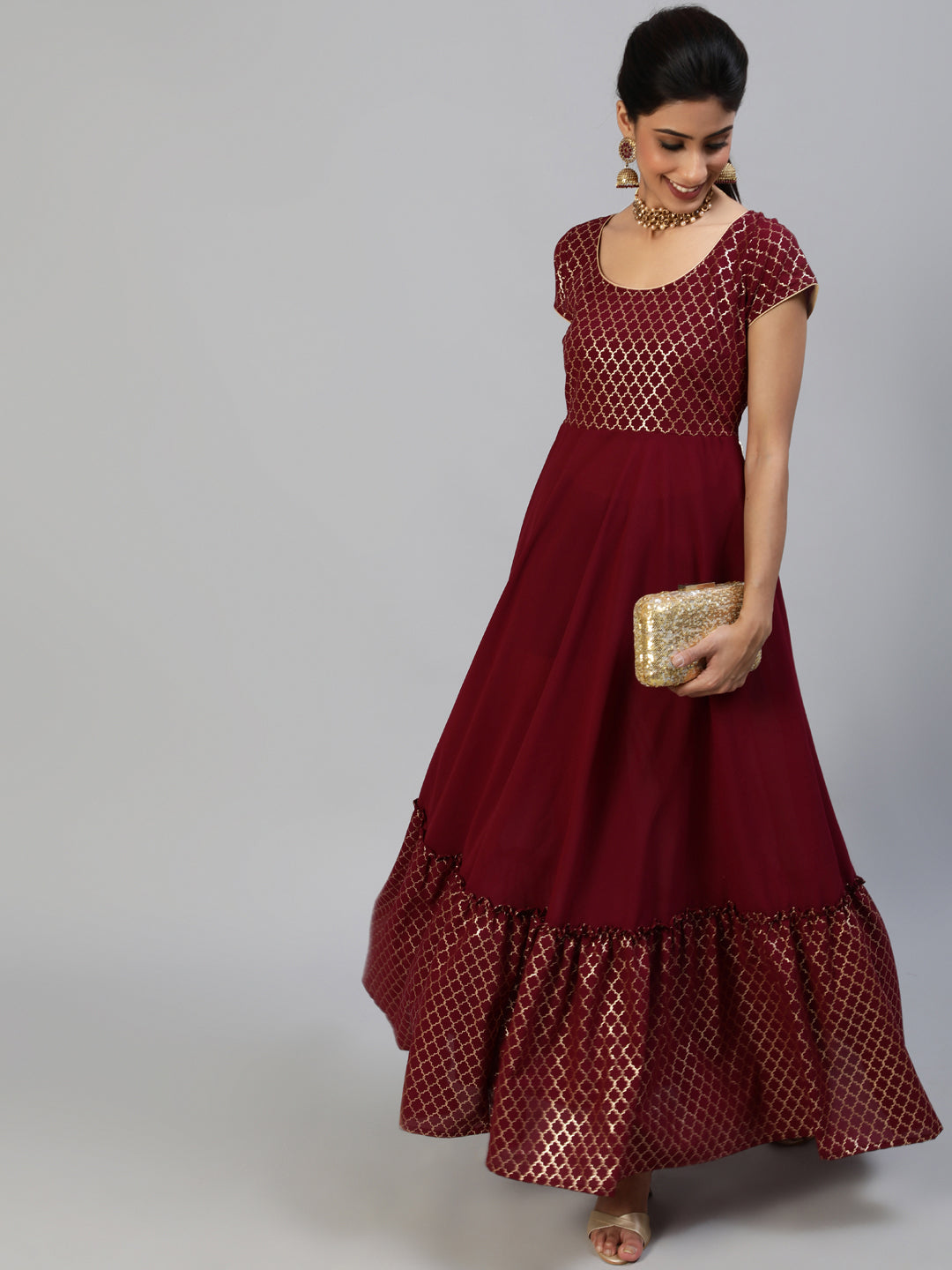 Maroon Gold Foil Print Maxi Dress