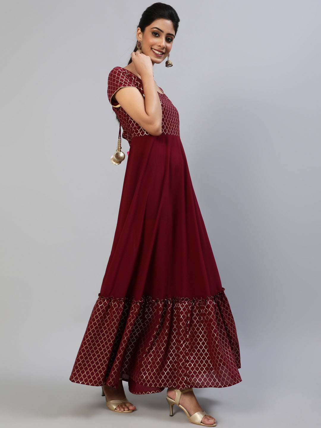 Maroon Gold Foil Print Maxi Dress